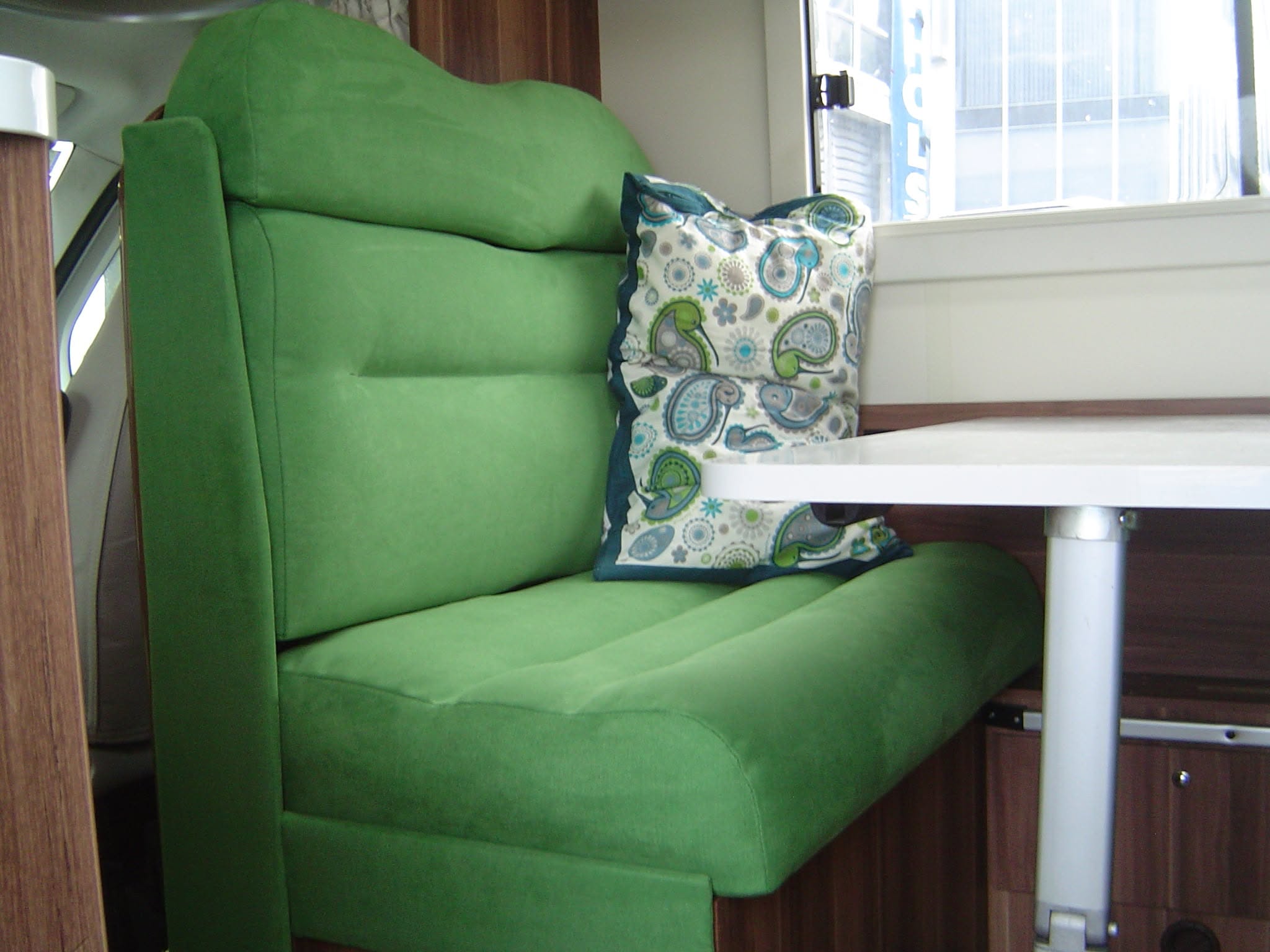 Green squab and cabin trim after a refit